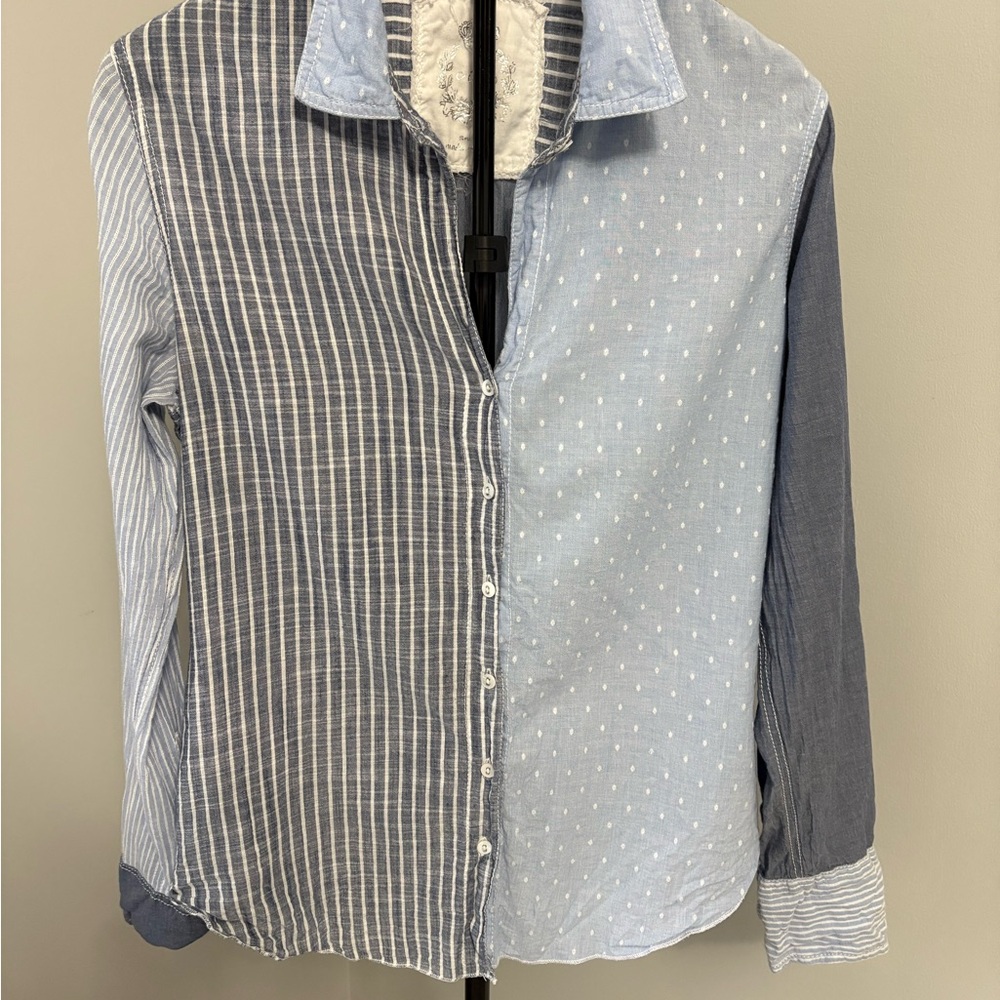 Cino Mixed Media Patchwork Button Down Shirt Blue… - image 2